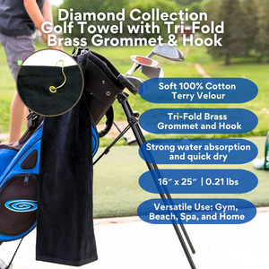 Tri-Fold Diamond Velour Golf Towel: Grommet & Hook Pack of 3.