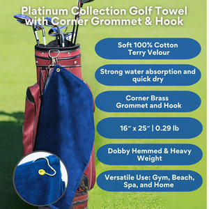 Platinum Velour Golf Towel Corner Grommet & Hook Pack of 3.